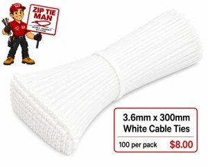 3.6mm x 300mm White Cable Ties 100pcs